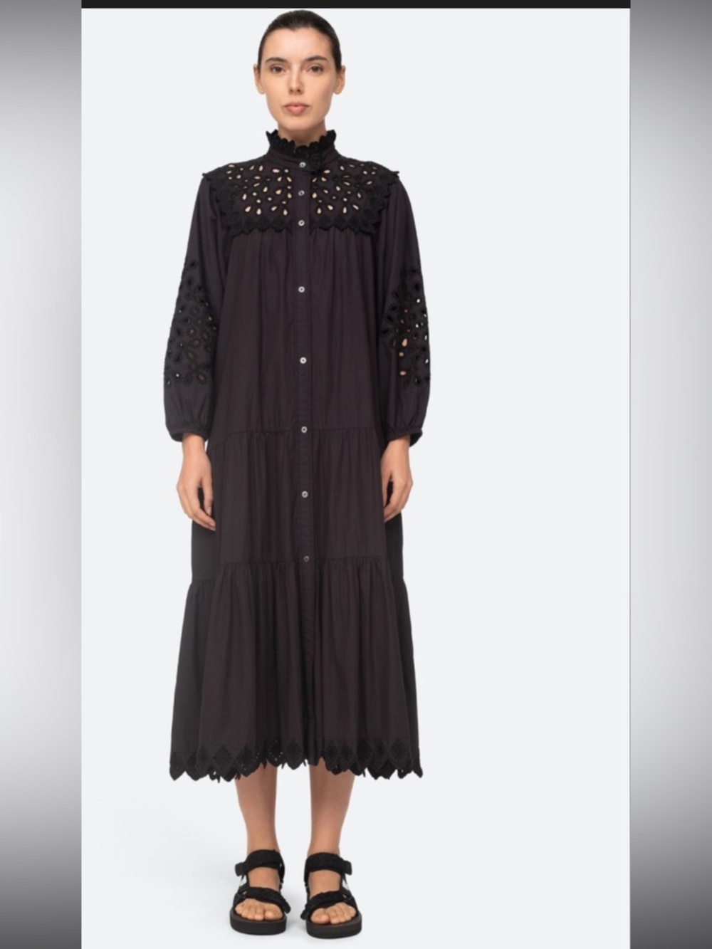 Sea New York Tali Black Cotton Eyelet Boho Midi Dress Size Small Oversized EUC